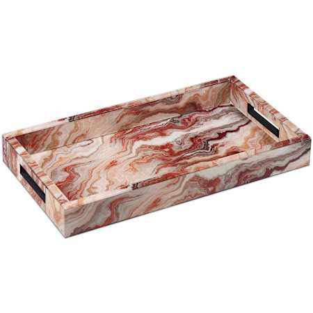 Currey and Company Interstellar 17-1/2" Wide Paper, Glass Decorative Tray with Handles Red Swirl