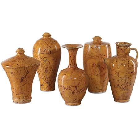 Currey and Company Romulus Porcelain Decorative Vases - Set of 5 Yellow / Brown