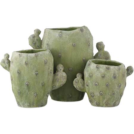 Currey and Company Set of (3) Cactus Composite Decorative Vases Green
