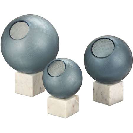 Currey and Company Set of (3) Fresno Glass Orb Figurine with Marble Block Base Indigo Blue / Natural