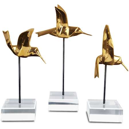 Currey and Company Set of (3) Bronze Gold Hummingbirds Statues Gold / Black / Clear