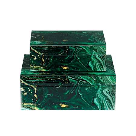 Currey and Company Interstellar 3" Tall Engineered Wood, Glass, Paper Boxes - Set of 2 Dark Green