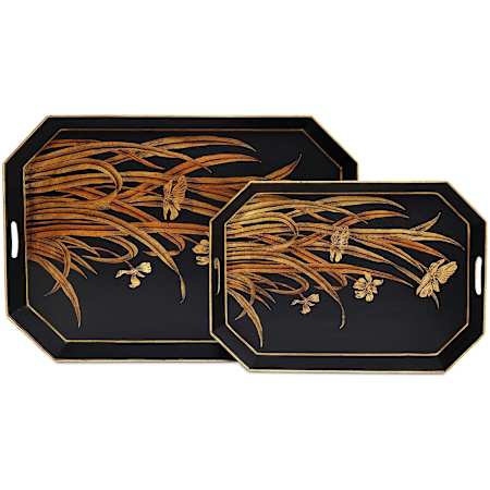 Currey and Company Glasshouse Decorative Tray - Set of 2 Black / Gold