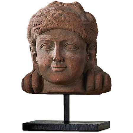 Currey and Company 17" Tall Metal and Stone Archaeological Statue Brick Red / Black