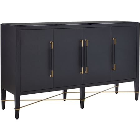 Currey and Company Verona 67" Wide Wood Cabinet Black Lacquered Linen / Champagne Stretchers