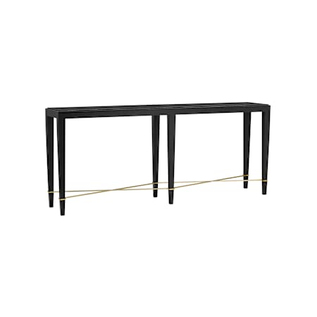 Currey and Company Verona 76" Engineered Wood, Linen, Mahogany, and Metal Console Table Black Lacquered Linen / Champagne
