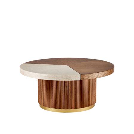 Currey and Company Dakota 36" Warm Oak and Stone Cocktail Table Morel Brown / Natural / Polished Brass