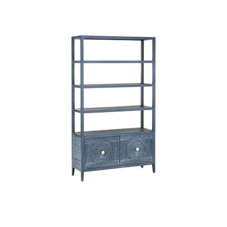 Currey and Company Santos 48" Wide Grasscloth, Mahogany, and Rattan Shelves Vintage Navy / Brushed Brass