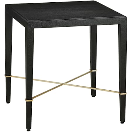 Currey and Company Verona 22" Wide Engineered Wood, Lacquered Linen and Metal End Table Black Lacquered Linen / Champagne