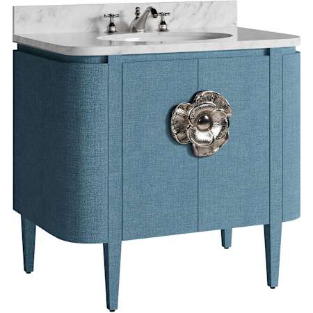 Currey and Company Briallen 36" Free Standing Single Basin Vanity Set with Cabinet and Marble Vanity Top Laquered Blue Linen / Natural / White / Nickel