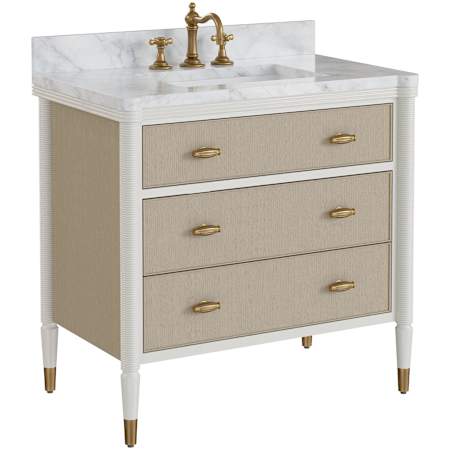 Currey and Company Aster 36" Free Standing Single Basin Vanity Set with Cabinet and Marble Vanity Top Off-White / Fog / Natural / White / Polished Brass