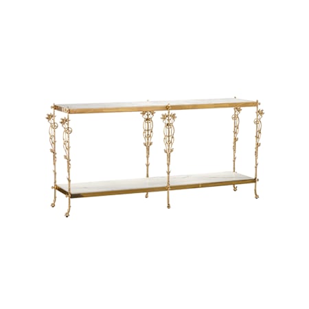 Currey and Company Fiore 72" Metal Frame with Marble Top Console Table Polished Brass / Natural