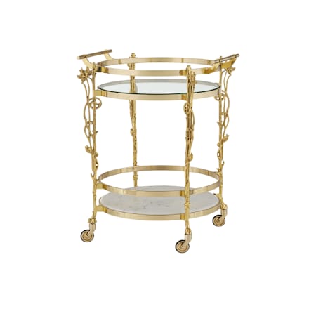 Currey and Company Fiore 23" Wide Brass, Glass, and Marble Bar Cart Polished Brass / Clear / Natural