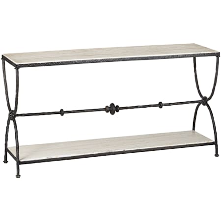 Currey and Company Agora 60" Wide Travertine and Wrought Iron Table Natural / Rustic Bronze