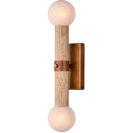 Currey and Company Beatrix 2 Light 5" Wide Travertine Bath Bar with Textured Art Glass Shades Natural / Antique Brass / White