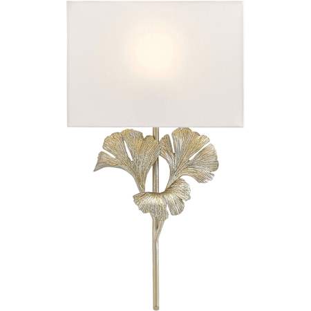Currey and Company Gingko Single Light 25" Tall Ambient Wall Sconce with Off White Shantung Shade - ADA Compliant Distressed Silver Leaf