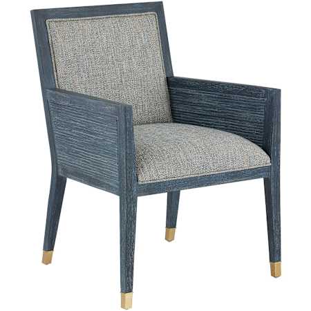 Currey and Company Santos 24" Wide Mahogany Framed, Rattan Arm Accent Chair Vintage Navy / Satin Brass