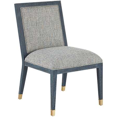 Currey and Company Santos 20" Wide Mahogany Framed, Rattan Dining Chair Vintage Navy / Satin Brass