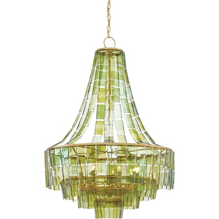 Currey and Company Vintner 7 Light 27" Wide Wrought Iron Empire Chandelier Dark Contemporary Gold Leaf / Green