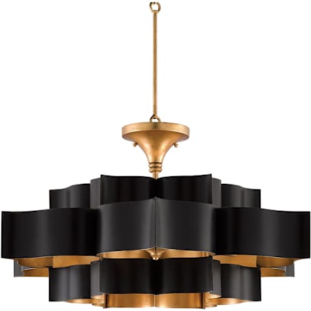 Currey and Company Grand Lotus 6 Light 30" Wide Wrought Iron Chandelier / Semi-Flush Ceiling Fixture Satin Black / Gold leaf