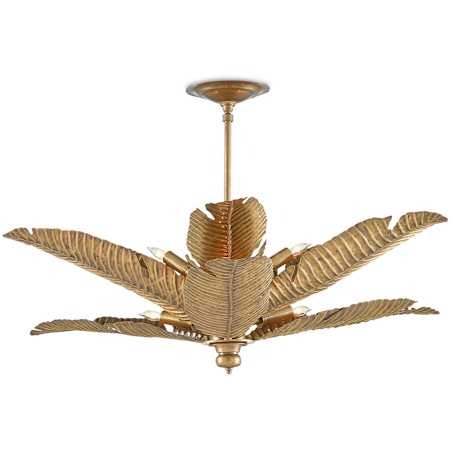 Currey and Company Tropical 6 Light 34" Wide Semi-Flush Ceiling Fixture with Metal Shades Vintage Brass