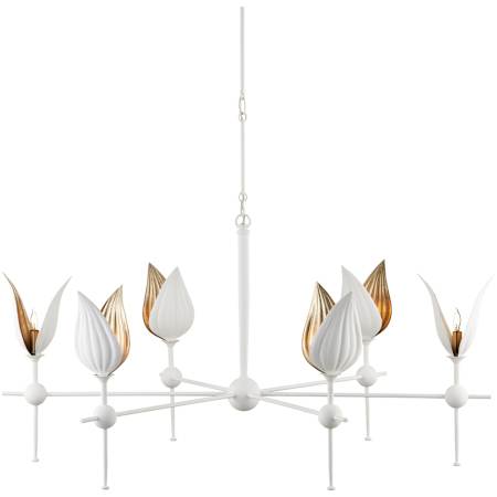 Currey and Company Peace Lily 6 Light 47" Wide Wrought Iron Chandelier with Metal Shades Gesso White / Silver Leaf