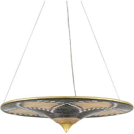 Currey and Company Canaan 3 Light 32" Wide Pendant with Wicker Shade Gold Leaf / Distressed Black / Distressed White