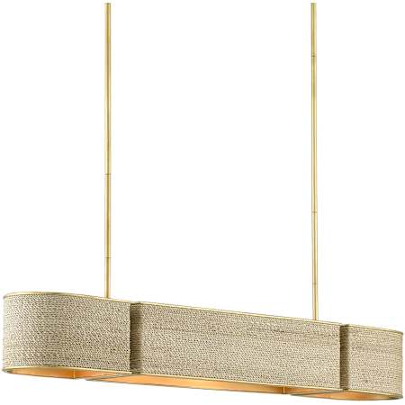 Currey and Company Tenby 4 Light 42" Wide Wrought Iron Linear Chandelier with Rope Shades Contemporary Gold Leaf / Abaca Rope