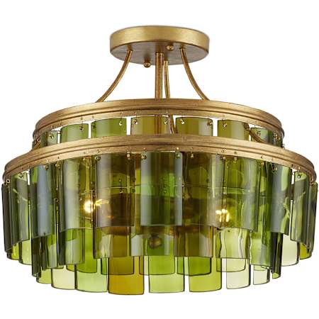 Currey and Company Vintner 3 Light 16" Wide Semi-flush Ceiling Fixture Contemporary Gold Leaf / Green