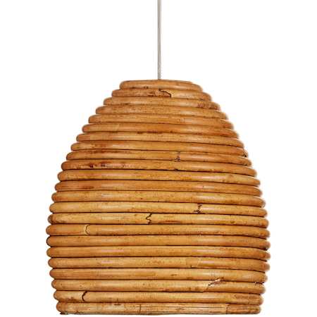 Currey and Company Beehive 6" Wide Wood Pendant Natural Rattan / Silver