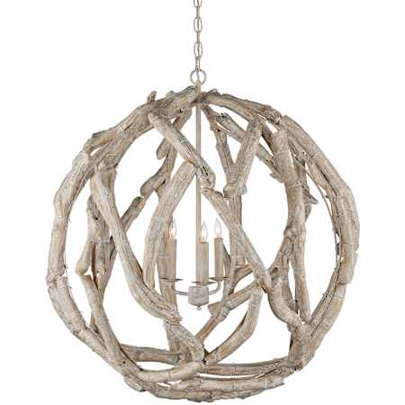 Currey and Company Driftwood 3 Light 29" Wide Wrought Iron Candle Style Chandelier Whitewashed Driftwood