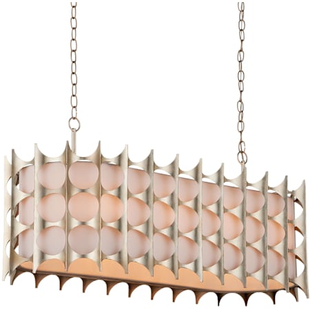 Currey and Company Bardi 8 Light 41" Wide Wrought Iron Linear Chandelier with Linen Shade Contemporary Silver Leaf