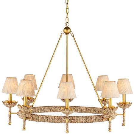 Currey and Company Vichy 8 Light 36" Wide Wrought Iron Ring Chandelier with Fabric Shade Natural / Contemporary Gold Leaf