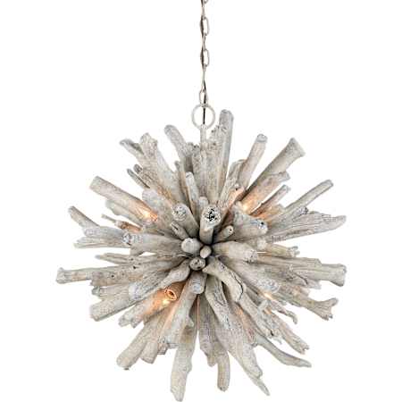 Currey and Company Kuka 6 Light 25" Wide Wood Pendant Whitewashed Driftwood