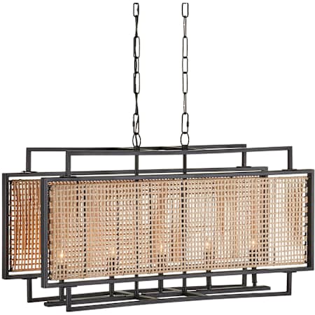 Currey and Company Boswell 5 Light 36" Wide Linear Chandelier with Natural Woven Shade Natural / Black