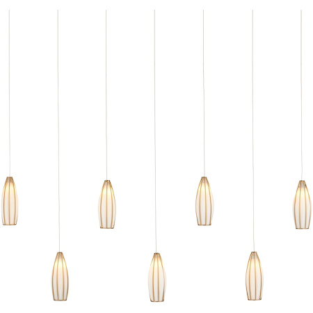 Currey and Company Parish 7 Light 57" Wide Wrought Iron Linear Pendant with Frosted Glass Shades White / Antique Brass