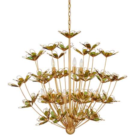 Currey and Company Midsummer 9 Light 39" Wide Wrought Iron Candle Style Chandelier Contemporary Gold Leaf / Contemporary Gold / Green