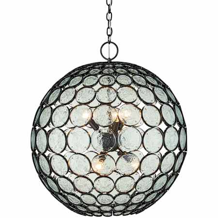 Currey and Company Etude 6 Light 28" Wide Wrought Iron Pendant with Recycled Glass Shade Clear / Satin Black