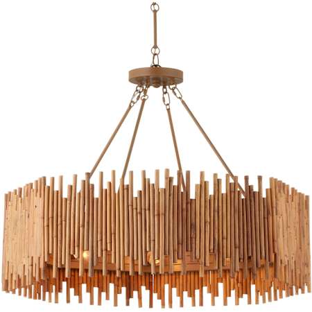 Currey and Company Teahouse 8 Light 32" Wide Wrought Iron Drum Chandelier with Rattan Shade Natural / Khaki