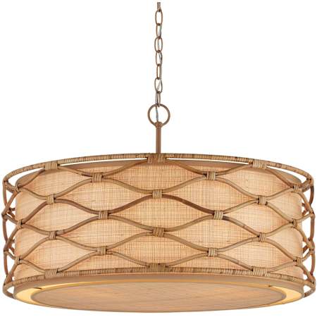 Currey and Company Partita 3 Light 28" Wide Wrought Iron Pendant with Grasscloth Shade Natural / Saddle Tan