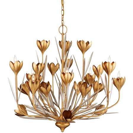 Currey and Company Hortensia 9 Light 32" Wide Wrought Iron Candle Style Chandelier Contemporary Gold Leaf / Contemporary Gold / Contemporary Silver Leaf
