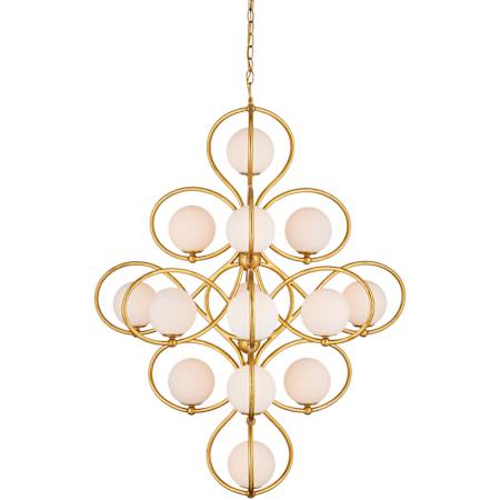 Currey and Company Storrs 14 Light 34" Wide Wrought Iron Abstract Chandelier with Frosted Glass Shades Contemporary Gold Leaf / Contemporary Gold / White