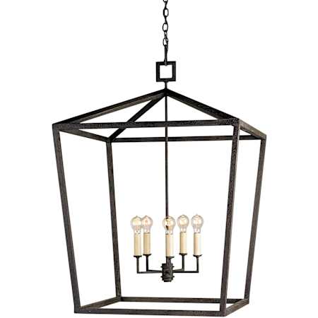 Currey and Company Denison 5 Light Chandelier In Lantern Style Wrought Iron Frame Mole Black