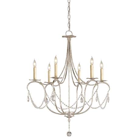 Currey and Company 6 Light Wrought Iron Small Crystal Lights Chandelier Silver Leaf