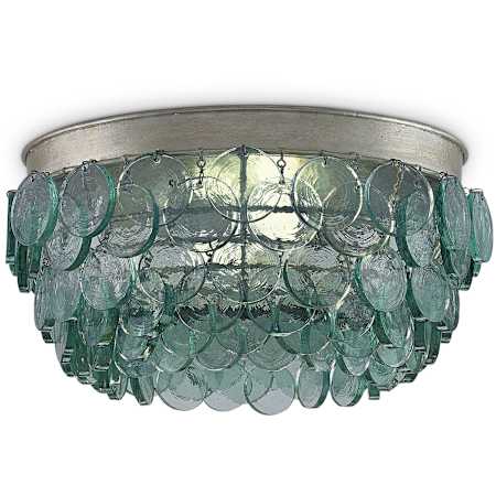 Currey and Company Braithwell 2 Light Wrought Iron Flush Mount Ceiling Fixture with Clear Glass Diffusers Silver Leaf