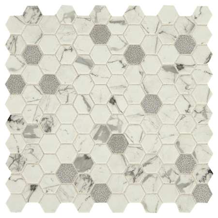 Daltile Uptown Glass - 1" x 1" Hexagon Mosaic Wall Tile - Matte, Textured Marble Visual - Sold by Sheet Posh Bubbly