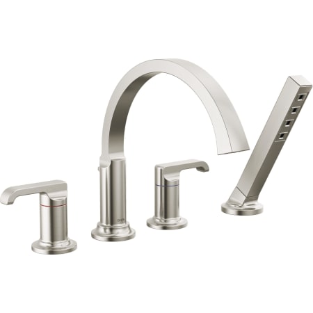Delta Tetra Deck Mounted Roman Tub Filler with Built-In Diverter and Hand Shower - Less Handles and Rough In Lumicoat Stainless