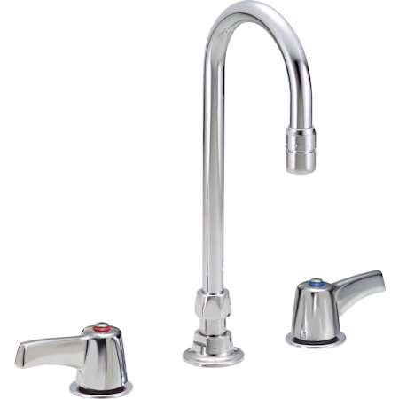 Delta Double Handle 1.5GPM Ceramic Disc Widespread Bathroom Faucet with Lever Blade Handles and Gooseneck Spout from the Commercial Series Chrome