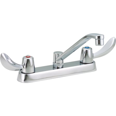 Delta Double Handle 1.5GPM Ceramic Disc Kitchen Faucet with Hooded Blade Handles Wallform Swing Spout and Antimicrobial by AgION from the Commercial Series Chrome