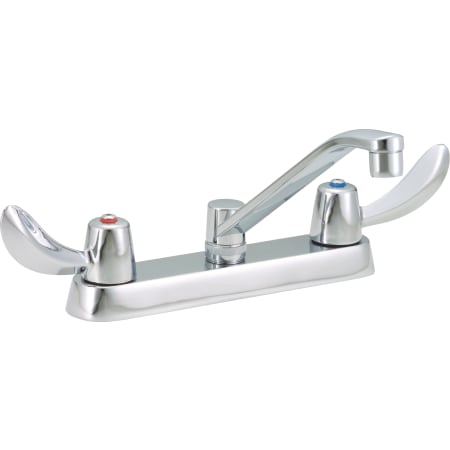 Delta Double Handle 1.5GPM Ceramic Disc Kitchen Faucet with Hooded Blade Handles Wallform Swing Spout and Vandal Resistant Aerator from the Commercial Series Chrome